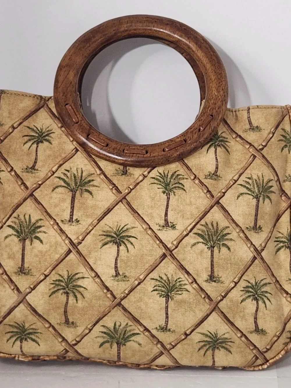 Vintage Fossil Tropical Palm-tree Print Canvass & Straw Bag w Wood Handles - Picture 1 of 15